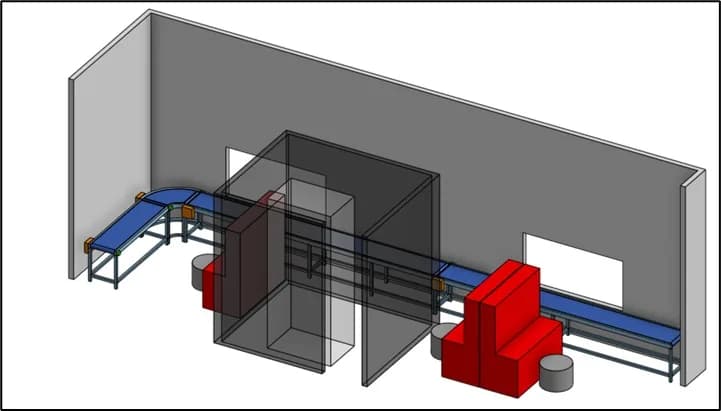 輸送帶、分揀站及包裝工作區的三維設計圖