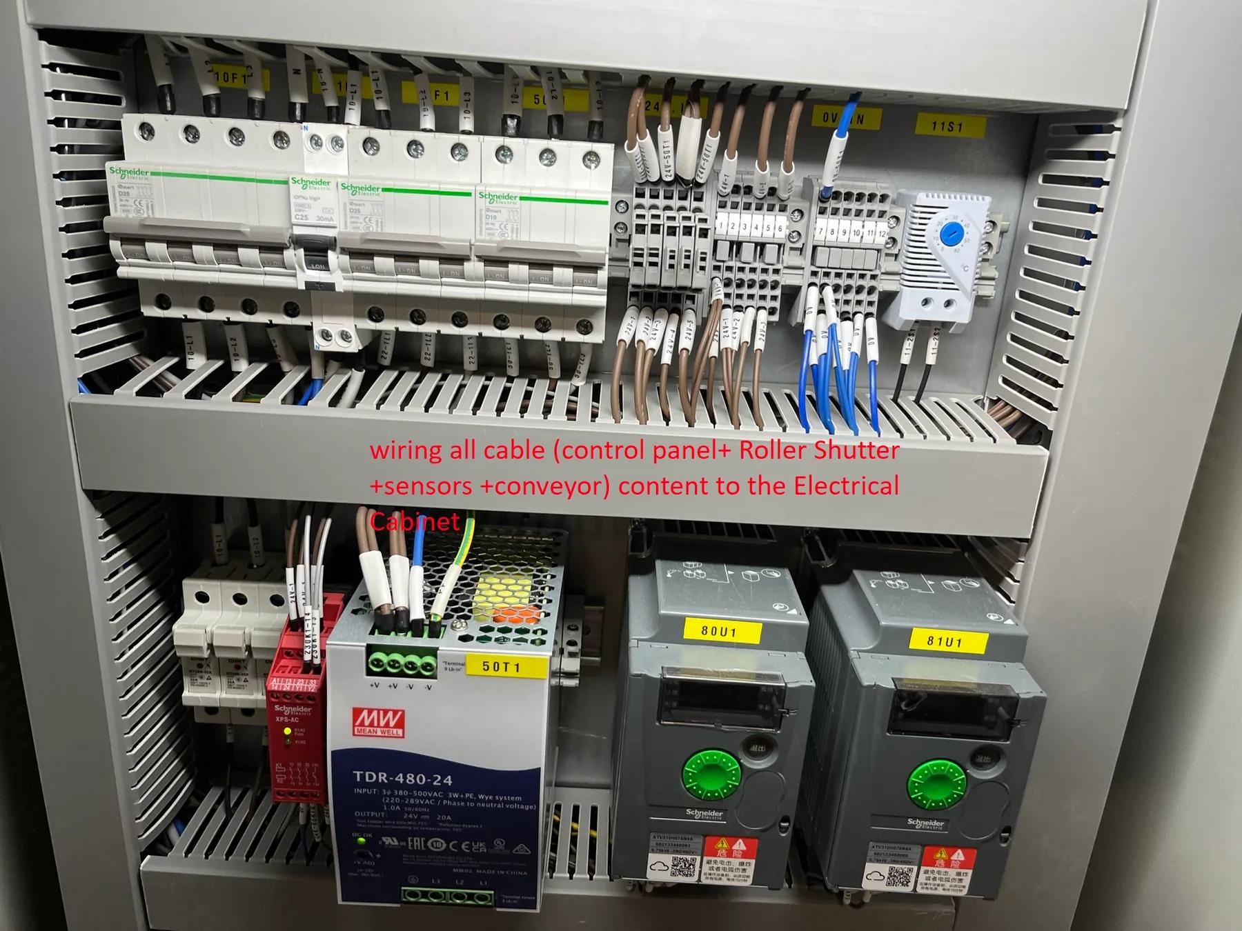 輸送帶控制櫃內的變頻器及電力組件