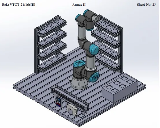 UR3 機械臂、輸送帶及儲物架培訓單元的 CAD 圖